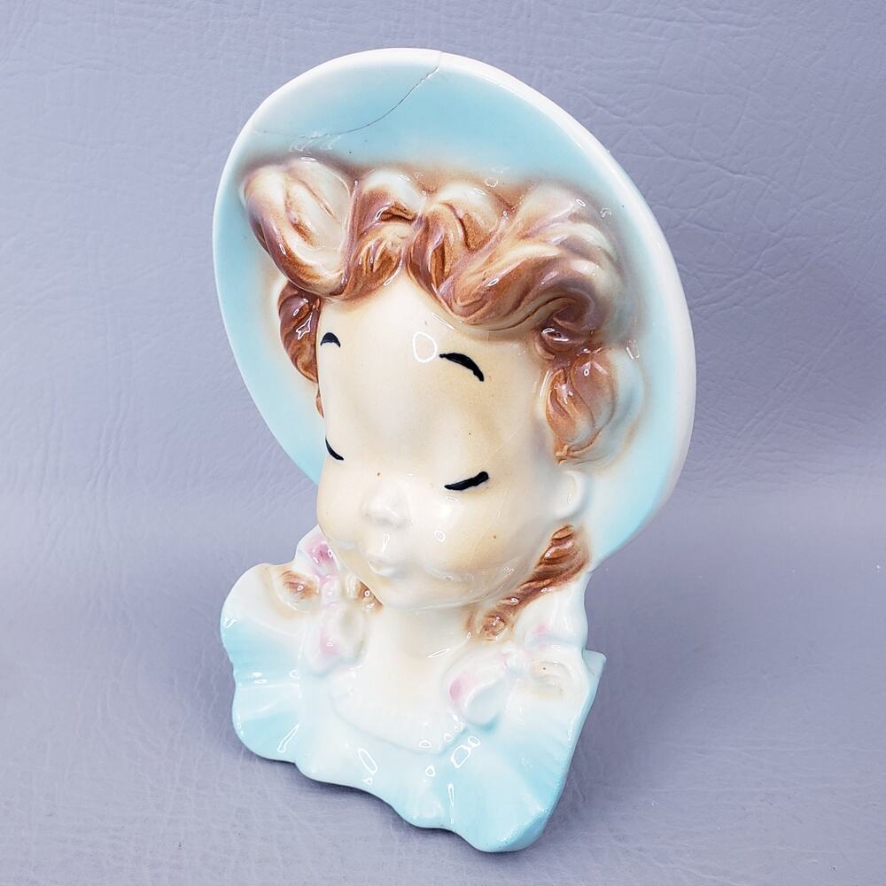 Vintage Royal Copley Head Vase Wall Pocket Girl Braids Bow Bonnet Glossy Blue